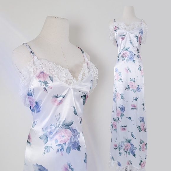 Vintage Other - Vintage floral maxi slip nightgown dress lace trim negligee lingerie pyjamas